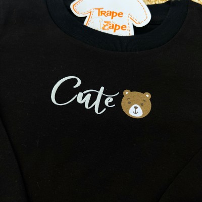 Conj. Blusa Manga Longa Cute Bear e Calça Anarruga com Bolso - Preto e Cinza